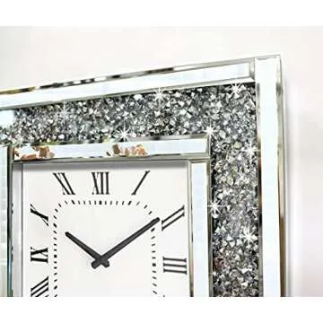 Crush Diamond Mirrored Square Decorative Mirror Wall Clock for Home Decoration Crystal Sparkle Twinkle Bling Wall Décor. Size 19.7x19.7”, AA Battery not Included.