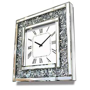 Crush Diamond Mirrored Square Decorative Mirror Wall Clock for Home Decoration Crystal Sparkle Twinkle Bling Wall Décor. Size 19.7x19.7”, AA Battery not Included.