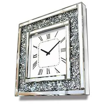 Crush Diamond Mirrored Square Decorative Mirror Wall Clock for Home Decoration Crystal Sparkle Twinkle Bling Wall Décor. Size 19.7x19.7”, AA Battery not Included.