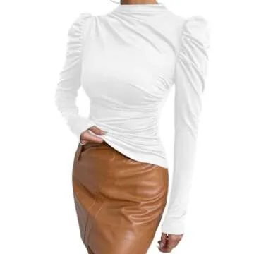 Avanova Women Puff Long Sleeve Mock Neck Top Ruched Slim Fitted Blouse Shirt White X-Large