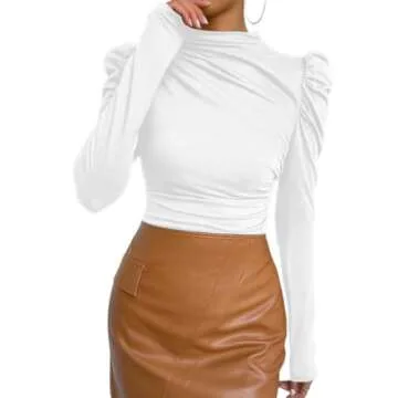 Avanova Women Puff Long Sleeve Mock Neck Top Ruched Slim Fitted Blouse Shirt White X-Large