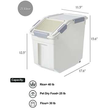 HANAMYA 25 Liter / 40 lbs Rice Storage Container with Measuring Cup, BPA free, For Rice | Grain | Pet Food | Flour, 1 count, White