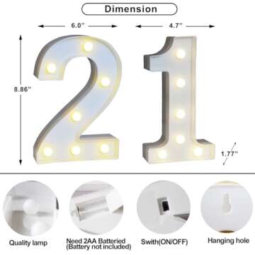 Decorative LED Light Up Number Letters, White Plastic Marquee Number Lights Sign for 21st Birthday Party Wedding Decor, Battery Operated (21)
