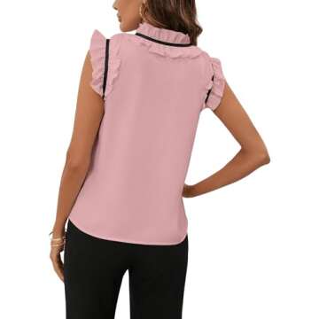 BEAUDRM Women's Elegant Bow Front Ruffle Trim Mock Neck Flounce Cap Sleeve Button Front Regular Fit Blouse Shirt Top Dusty Pink Small