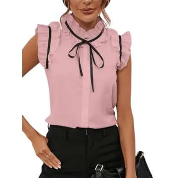 BEAUDRM Women's Elegant Bow Front Ruffle Trim Mock Neck Flounce Cap Sleeve Button Front Regular Fit Blouse Shirt Top Dusty Pink Small