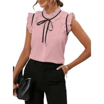 BEAUDRM Women's Elegant Bow Front Ruffle Trim Mock Neck Flounce Cap Sleeve Button Front Regular Fit Blouse Shirt Top Dusty Pink Small
