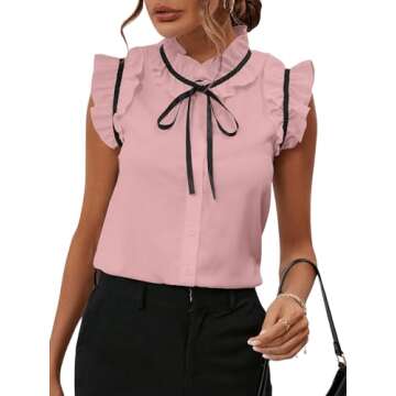 BEAUDRM Women's Elegant Bow Front Ruffle Trim Mock Neck Flounce Cap Sleeve Button Front Regular Fit Blouse Shirt Top Dusty Pink Small