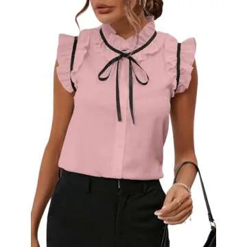 BEAUDRM Women's Elegant Bow Front Ruffle Trim Mock Neck Flounce Cap Sleeve Button Front Regular Fit Blouse Shirt Top Dusty Pink Small