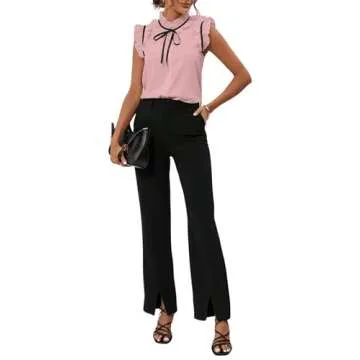 BEAUDRM Women's Elegant Bow Front Ruffle Trim Mock Neck Flounce Cap Sleeve Button Front Regular Fit Blouse Shirt Top Dusty Pink Small