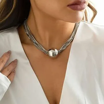 Vcagirest Geometric Sphere Necklace Hip-Hop Necklace Multilayer Chain Necklace For Women(Silver)
