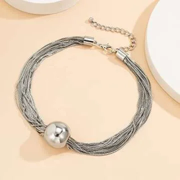 Vcagirest Geometric Sphere Necklace Hip-Hop Necklace Multilayer Chain Necklace For Women(Silver)
