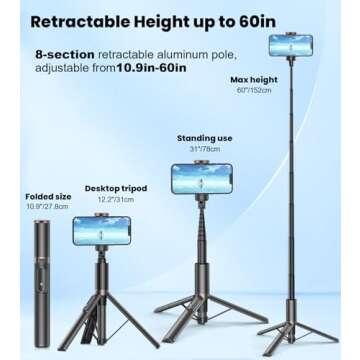 TONEOF 60" Selfie Stick Tripod for Video,All-in-1 Extendable Cell Phone Tripod Stand with Integrated Remote,360° Rotate Lightweight & Portable Tripod for 4-7” iPhone/Android/Photo & Video Kits/Travel