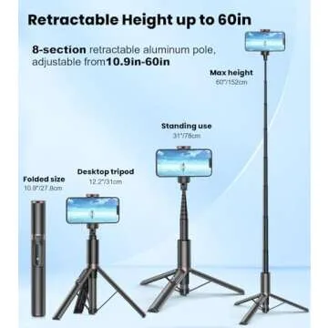 TONEOF 60" Selfie Stick Tripod for Video,All-in-1 Extendable Cell Phone Tripod Stand with Integrated Remote,360° Rotate Lightweight & Portable Tripod for 4-7” iPhone/Android/Photo & Video Kits/Travel