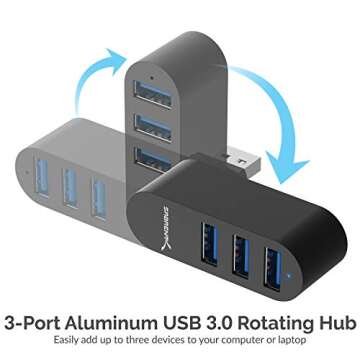 SABRENT Premium 3 Port Aluminum Mini USB 3.0 Hub with 90°/180° Connector