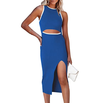 PRETTYGARDEN Women's Summer Midi Bodycon Dresses Casual Crew Neck Side Slit Sleeveless Knit Cut Out ...