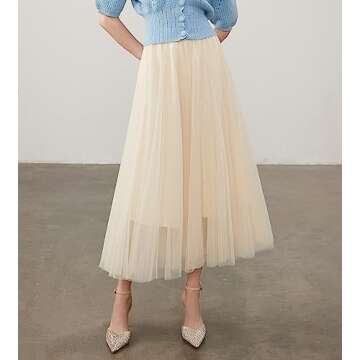 Women’s Tulle Skirts Midi Elastic High Waist Pleated Mesh Flowy A-Line Party Long Tutu Skirt