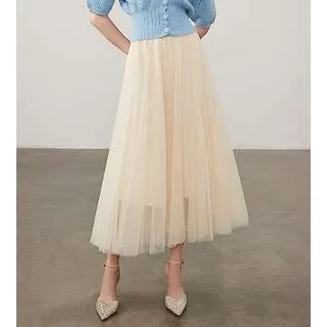 Women’s Tulle Skirts Midi Elastic High Waist Pleated Mesh Flowy A-Line Party Long Tutu Skirt