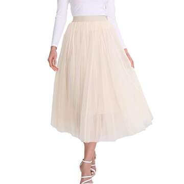 Women’s Tulle Skirts Midi Elastic High Waist Pleated Mesh Flowy A-Line Party Long Tutu Skirt