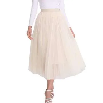 Women’s Tulle Skirts Midi Elastic High Waist Pleated Mesh Flowy A-Line Party Long Tutu Skirt