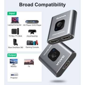 HDMI Switch 4k@60hz Splitter, GANA Aluminum Bidirectional HDMI Switcher 2 in 1 Out, Manual HDMI Hub Supports HD Compatible with Xbox PS5/4/3 Blu-Ray Player Fire Stick Roku