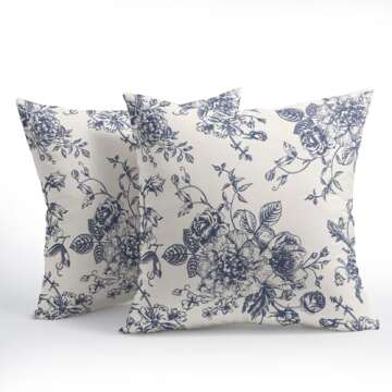 Vintage Floral Pillow Covers 20x20 Inch Set of 2 Navy Blue and Cream Floral Throw Pillow Covers Chin...
