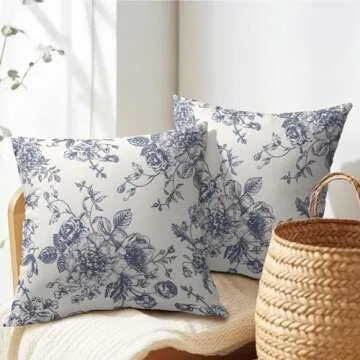 Vintage Floral Pillow Covers 20x20 Inch Set of 2 Navy Blue and Cream Floral Throw Pillow Covers Chinoiserie Flower Pillowcases Farmhouse Cotton Linen Cushion Covers for Couch Bed Sofa Chair Home Decor