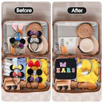 Chenille Letter Bow Mouse Ears Travel Case, Park Ears Headband Holder Hair Accessories Organizer Bag for Girls Women Kids Adults, Large Makeup Bag Snack Bags with Zipper for Travel Picnic - Black