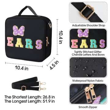 Chenille Letter Bow Mouse Ears Travel Case, Park Ears Headband Holder Hair Accessories Organizer Bag for Girls Women Kids Adults, Large Makeup Bag Snack Bags with Zipper for Travel Picnic - Black