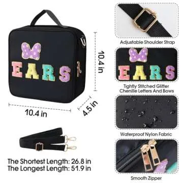 Chenille Letter Bow Mouse Ears Travel Case, Park Ears Headband Holder Hair Accessories Organizer Bag for Girls Women Kids Adults, Large Makeup Bag Snack Bags with Zipper for Travel Picnic - Black