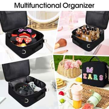 Chenille Letter Bow Mouse Ears Travel Case, Park Ears Headband Holder Hair Accessories Organizer Bag for Girls Women Kids Adults, Large Makeup Bag Snack Bags with Zipper for Travel Picnic - Black