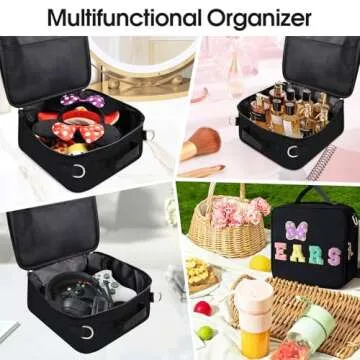 Chenille Letter Bow Mouse Ears Travel Case, Park Ears Headband Holder Hair Accessories Organizer Bag for Girls Women Kids Adults, Large Makeup Bag Snack Bags with Zipper for Travel Picnic - Black