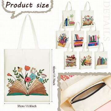 Sweetude 8 Pcs Book Lovers Canvas Tote Bags with Zipper