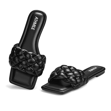 ATHMILE Braided Womens Sandals Square Open Toe Fashion Slide Sandals Women Dressy Summer Flat Beach ...