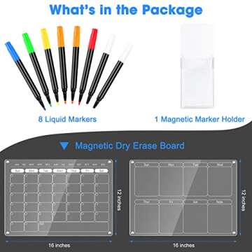 Acrylic Magnetic Fridge Calendar & Weekly Planner Monthly Dry Erase Board for Refrigerator w/ 8 Markers & Magnetic Pen Holder Meal Planning Whiteboard 16''x12'', 2 Boards (Calendar + Weekly Planner)