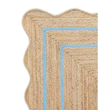 Weaving Village Wave Scalloped Natural Jute Rug Boho Jute Rug Entryway Runner Rug Farmhouse Scallop Rug, Sky Blue (2'x3')