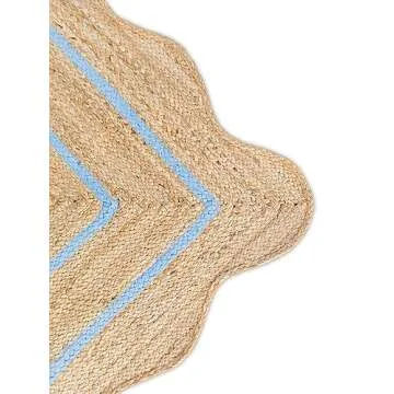 Weaving Village Wave Scalloped Natural Jute Rug Boho Jute Rug Entryway Runner Rug Farmhouse Scallop Rug, Sky Blue (2'x3')