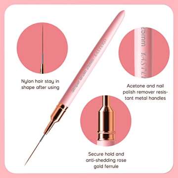Striping Nail Art Brushes, 6pcs Super Fine Striper Brush Set for Long Lines, Thin Details, Fine Drawing, Delicate Coloring, Elongated Lines, Pink Metal Handle Nail Brushes (5/7/9/11/15/25mm)