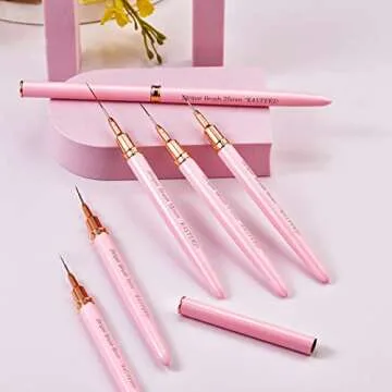 Striping Nail Art Brushes, 6pcs Super Fine Striper Brush Set for Long Lines, Thin Details, Fine Drawing, Delicate Coloring, Elongated Lines, Pink Metal Handle Nail Brushes (5/7/9/11/15/25mm)