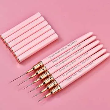 Striping Nail Art Brushes, 6pcs Super Fine Striper Brush Set for Long Lines, Thin Details, Fine Drawing, Delicate Coloring, Elongated Lines, Pink Metal Handle Nail Brushes (5/7/9/11/15/25mm)