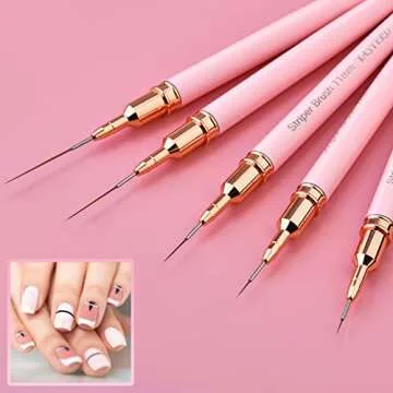 Striping Nail Art Brushes, 6pcs Super Fine Striper Brush Set for Long Lines, Thin Details, Fine Drawing, Delicate Coloring, Elongated Lines, Pink Metal Handle Nail Brushes (5/7/9/11/15/25mm)