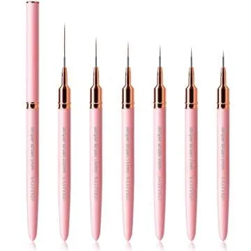 Striping Nail Art Brushes, 6pcs Super Fine Striper Brush Set for Long Lines, Thin Details, Fine Drawing, Delicate Coloring, Elongated Lines, Pink Metal Handle Nail Brushes (5/7/9/11/15/25mm)