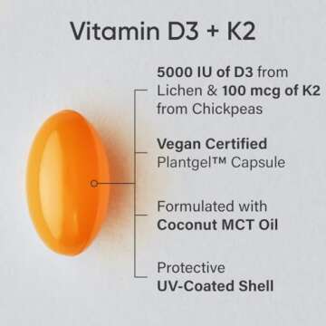 Sports Research® Vitamin D3 + K2 with Coconut MCT Oil | Vegan D3 5000 IU with K2 100 mcg for Bone &...