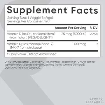 Sports Research® Vitamin D3 + K2 with Coconut MCT Oil | Vegan D3 5000 IU with K2 100 mcg for Bone & Immune Health | Vegan Certified, Soy & Gluten Free - 120 Softgels