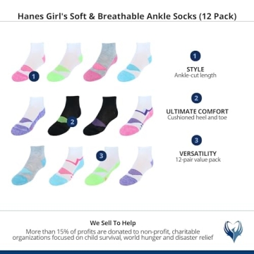 Hanes Girls Cool Comfort Ankle Socks 12-Pack