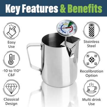 Milk Thermometer and 600ml Milk Frother Jug for Perfect Barista Style Coffee Making Great for Frothy...