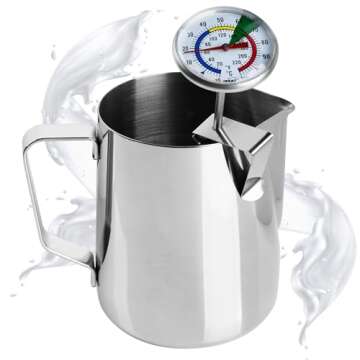 Milk Thermometer and 600ml Milk Frother Jug for Perfect Barista Style Coffee Making Great for Frothy Latte Cappuccino