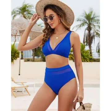 Honlyps Women High Waisted Bikini Sets Mesh Tummy Control Bathing Suit Teen Girls Two Piece Swimsuits Full Coverage Bottom Dark Blue