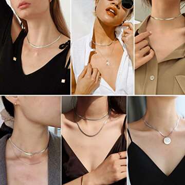 Silver Flat Herringbone Chains 12inch Choker Layered Necklaces for Women Flat Snake Chain