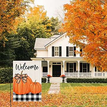 PANDICORN Welcome Fall Garden Flag 12x18 Inch Double Sided, Black Buffalo Plaid Check Orange Pumpkin...