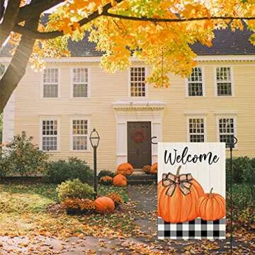 PANDICORN Welcome Fall Garden Flag 12x18 Inch Double Sided, Black Buffalo Plaid Check Orange Pumpkins, Small Vertical Autumn Thanksgiving Seasonal Decor for Outdoor Yard Garden